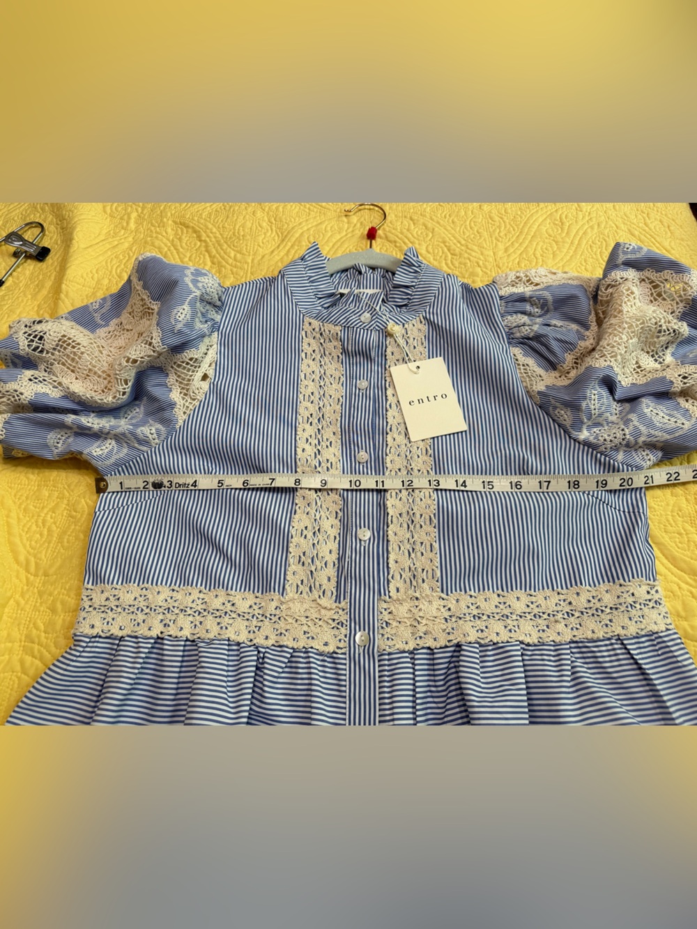 H152 NWT Entro S pp18 L p21 Blue & Cream Lace Trim Striped Button-Up Top - Picture 13 of 16